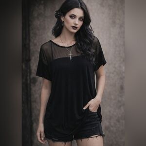 Modern Goth Black Mesh Panel Tee Sz L